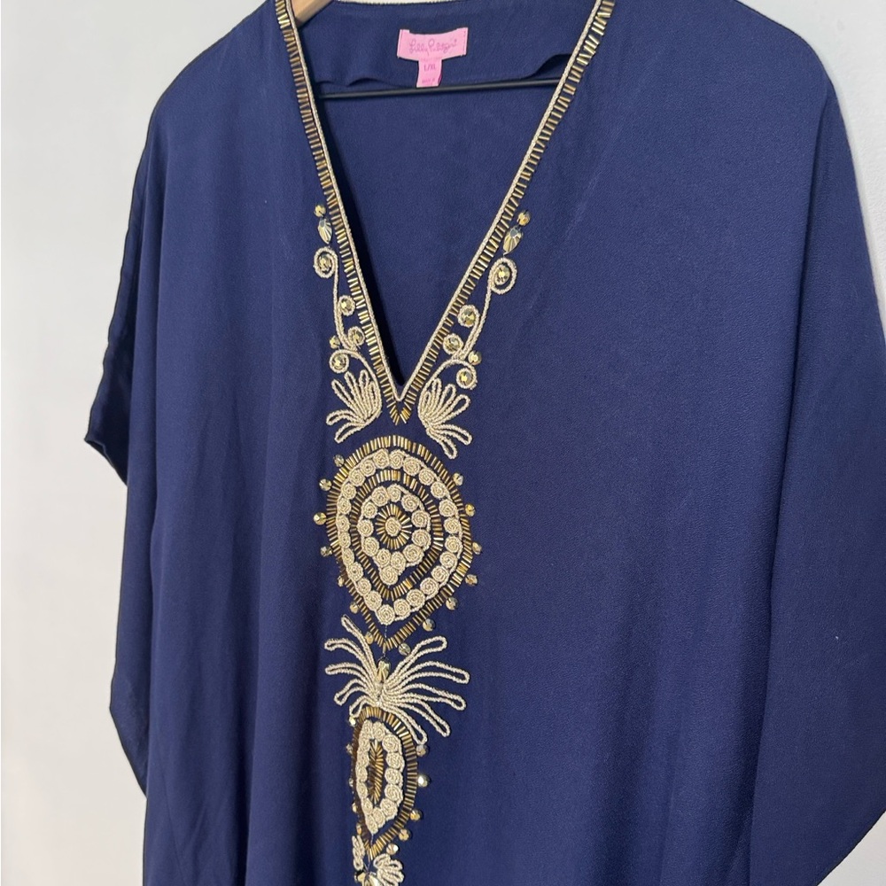 Lilly Pulitzer Navy Blue Caftan Dress with Gold Embroidery L/XL